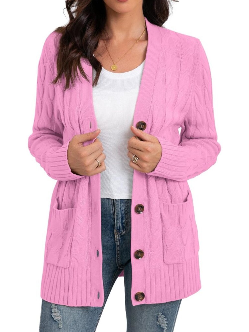 Cozy Long Sleeve Cable Knit Cardigan Sweater with Pockets for Women